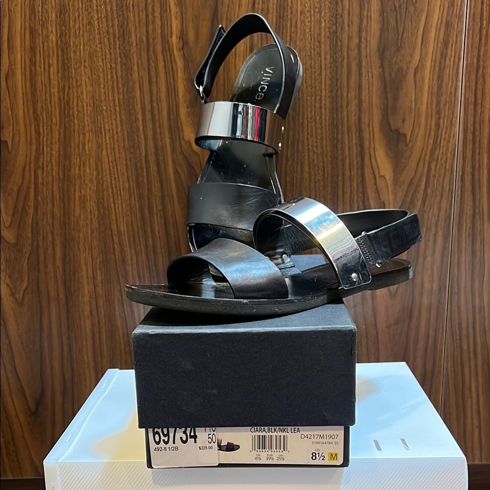 Vince Black Leather + Silver METAL strap Ciara Sandals